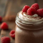 Keto chocolate mousse in a glass jar topped with whipped cream and berries