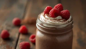 Keto Chocolate Mousse Keto chocolate mousse in a glass jar topped with whipped cream and berries