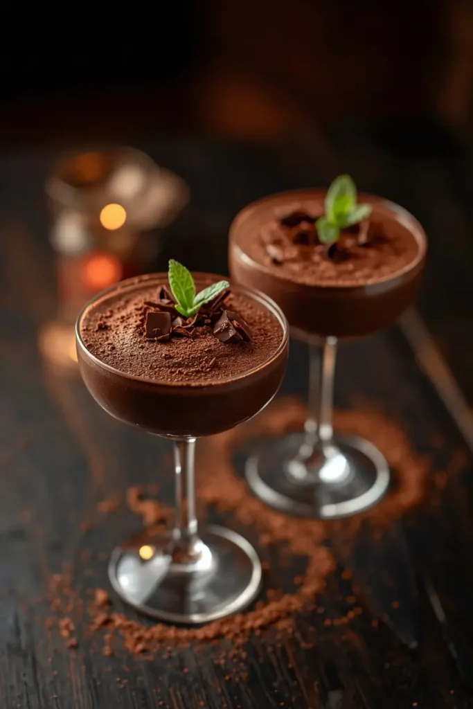 Keto Chocolate Mousse 4 Keto chocolate mousse served in glasses with chocolate shavings