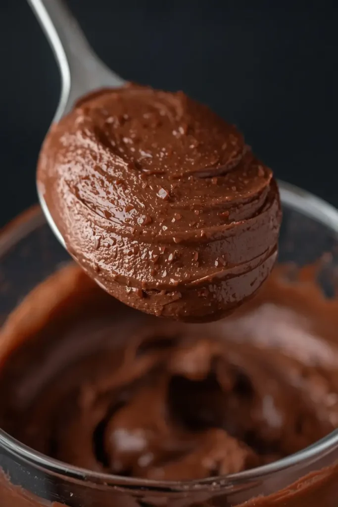 Keto Chocolate Mousse 5 Close-up texture of silky keto chocolate mousse in a spoon
