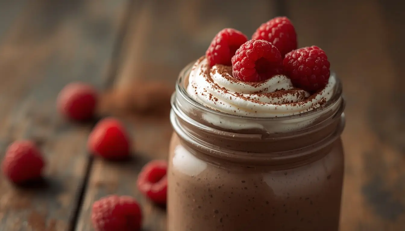Keto chocolate mousse in a glass jar topped with whipped cream and berries