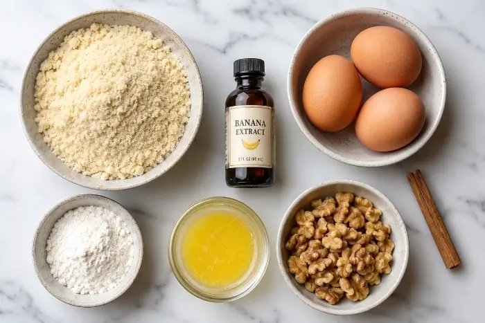 Flat lay of almond flour, eggs, and ingredients for keto friendly banana bread