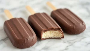 Three keto ice cream bars coated in dark chocolate on a marble countertop