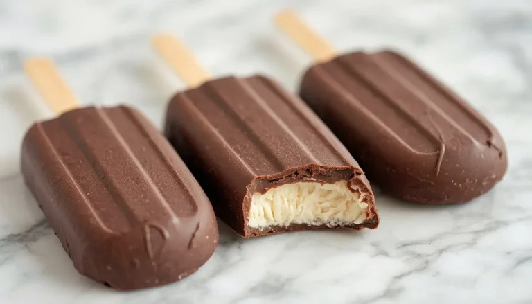 Three keto ice cream bars coated in dark chocolate on a marble countertop