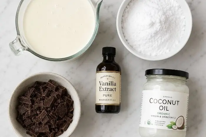 Ingredients for keto ice cream bars including cream, sweetener, and dark chocolate