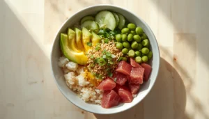 Keto Poke Bowl Keto poke bowl with tuna, avocado, and cauliflower rice in a white bowl