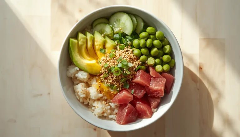 Keto poke bowl with tuna, avocado, and cauliflower rice in a white bowl