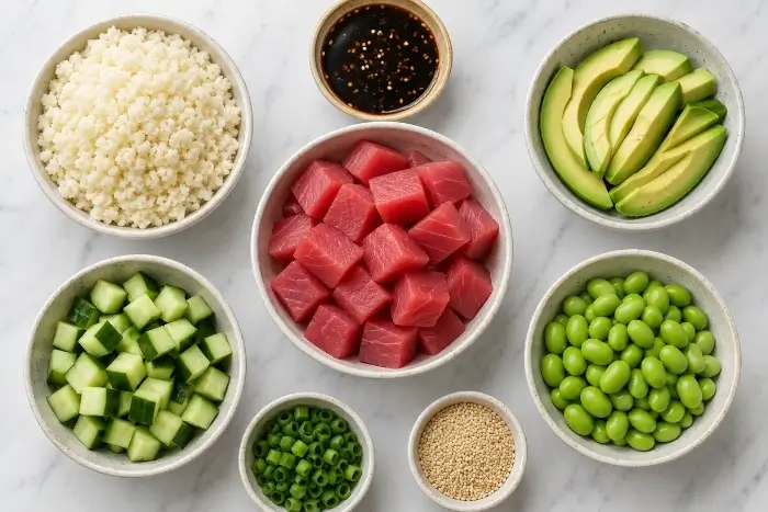 Fresh ingredients for a keto poke bowl recipe laid out on a counter