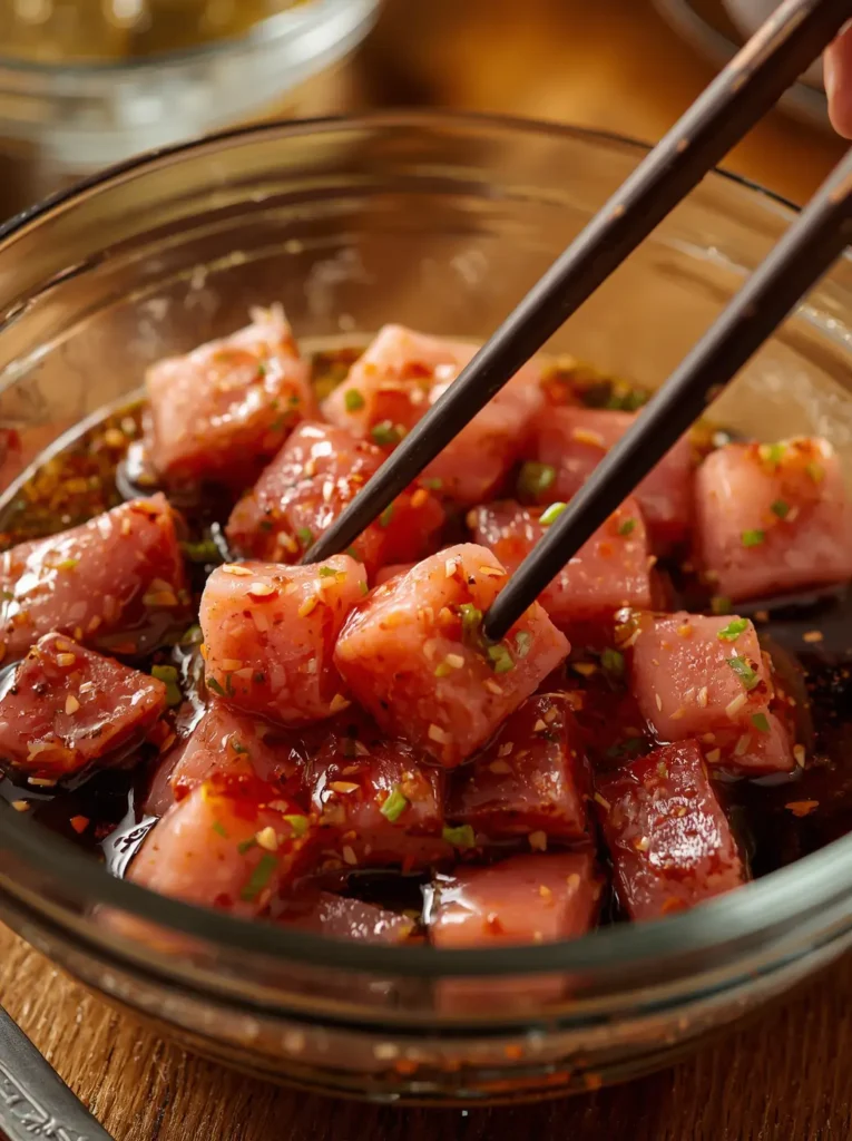 Marinated tuna cubes for a keto poke bowl recipe