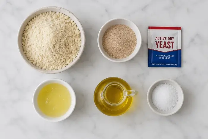 Keto Bread Recipe with Yeast 2 Flat lay of ingredients for keto yeast bread recipe including almond flour, psyllium husk, and yeast