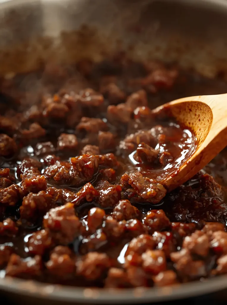 Ground beef simmering in savory sauce for korean beef bowl recipe