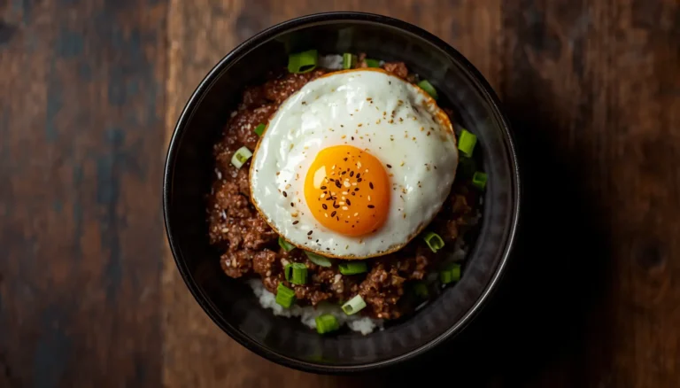 Korean beef bowl recipe with cauliflower rice, fried egg, and sesame seeds in a dark bowl