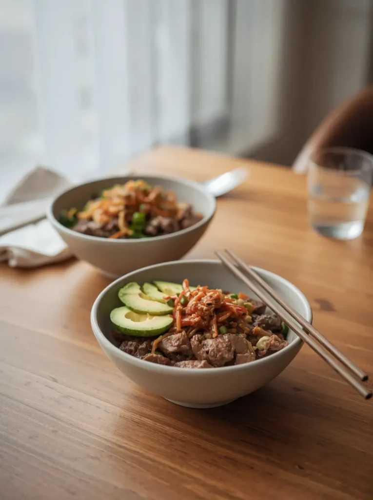 Two servings of korean beef bowl recipe with avocado and kimchi on wooden table