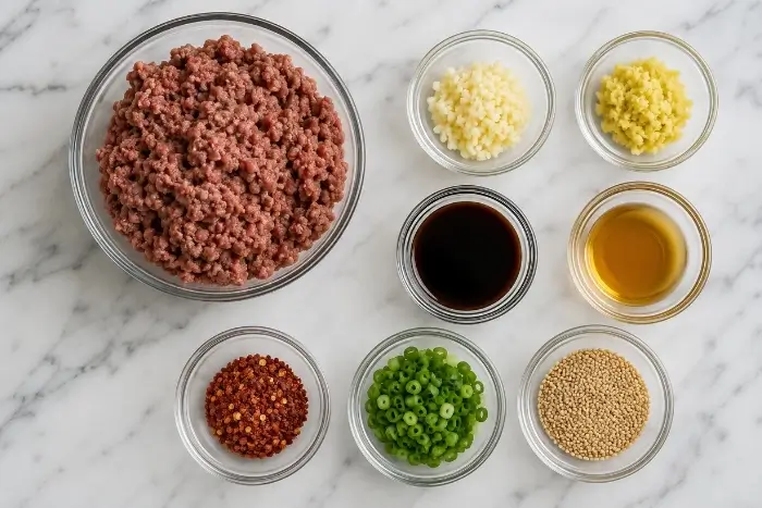 Ingredients for korean ground beef bowl recipe including ground beef, garlic, ginger, and sesame oil