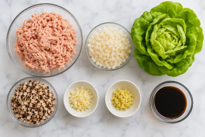 Fresh ingredients for PF Chang's chicken lettuce wraps including ground chicken and water chestnuts