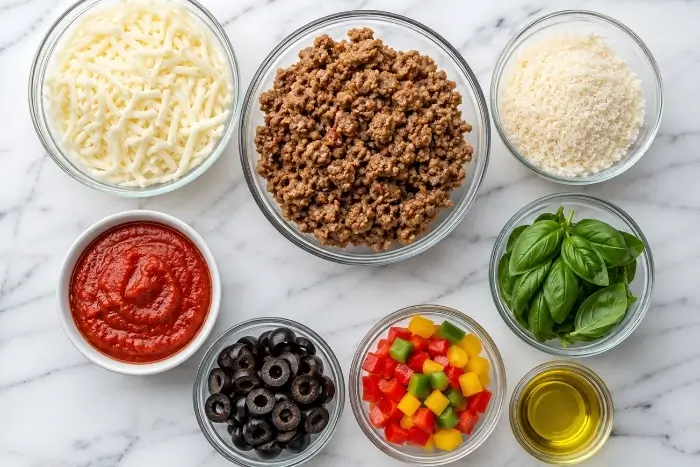 Fresh ingredients for a keto pizza bowl recipe including sausage, cheese, and marinara sauce