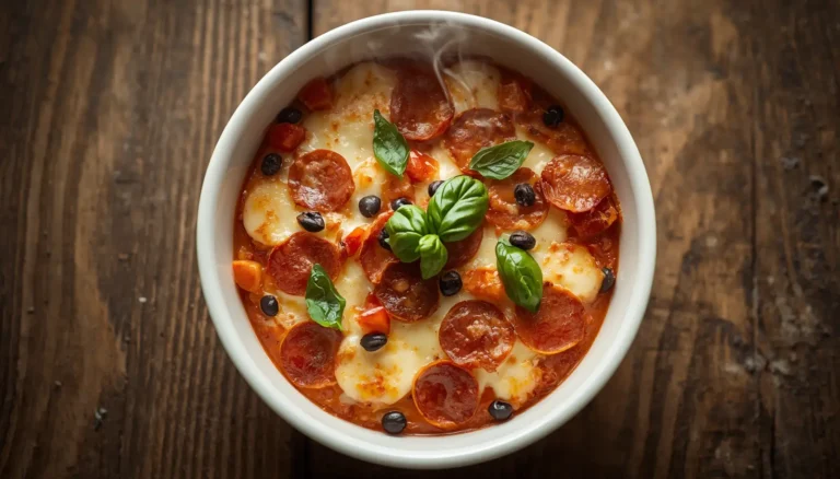 Pizza bowl recipe with melted cheese, pepperoni, and fresh basil in a white bowl