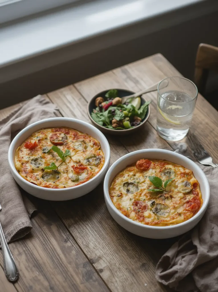 Two pizza bowls served for lunch with a side salad on a wooden table