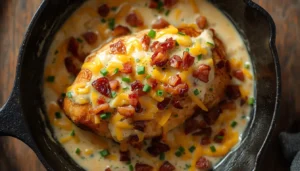 Ranch Chicken Recipe Ranch chicken recipe in a cast iron skillet topped with bacon, melted cheddar, and fresh chives