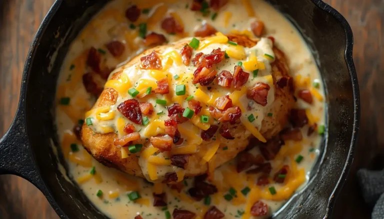 Ranch chicken recipe in a cast iron skillet topped with bacon, melted cheddar, and fresh chives