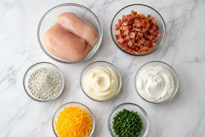 Ranch Chicken Recipe 2 Flat lay of ingredients for a ranch chicken recipe including chicken breasts, bacon, and ranch seasoning
