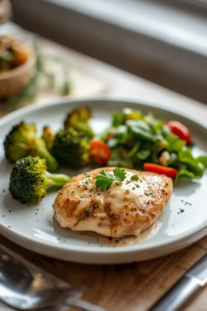 Ranch Chicken Recipe 4 Plated ranch chicken recipe served with roasted broccoli and a side salad