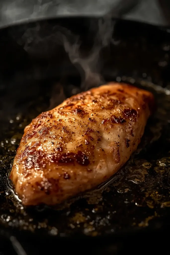 Ranch Chicken Recipe 3 Chicken breast searing golden brown in a skillet for a ranch chicken recipe