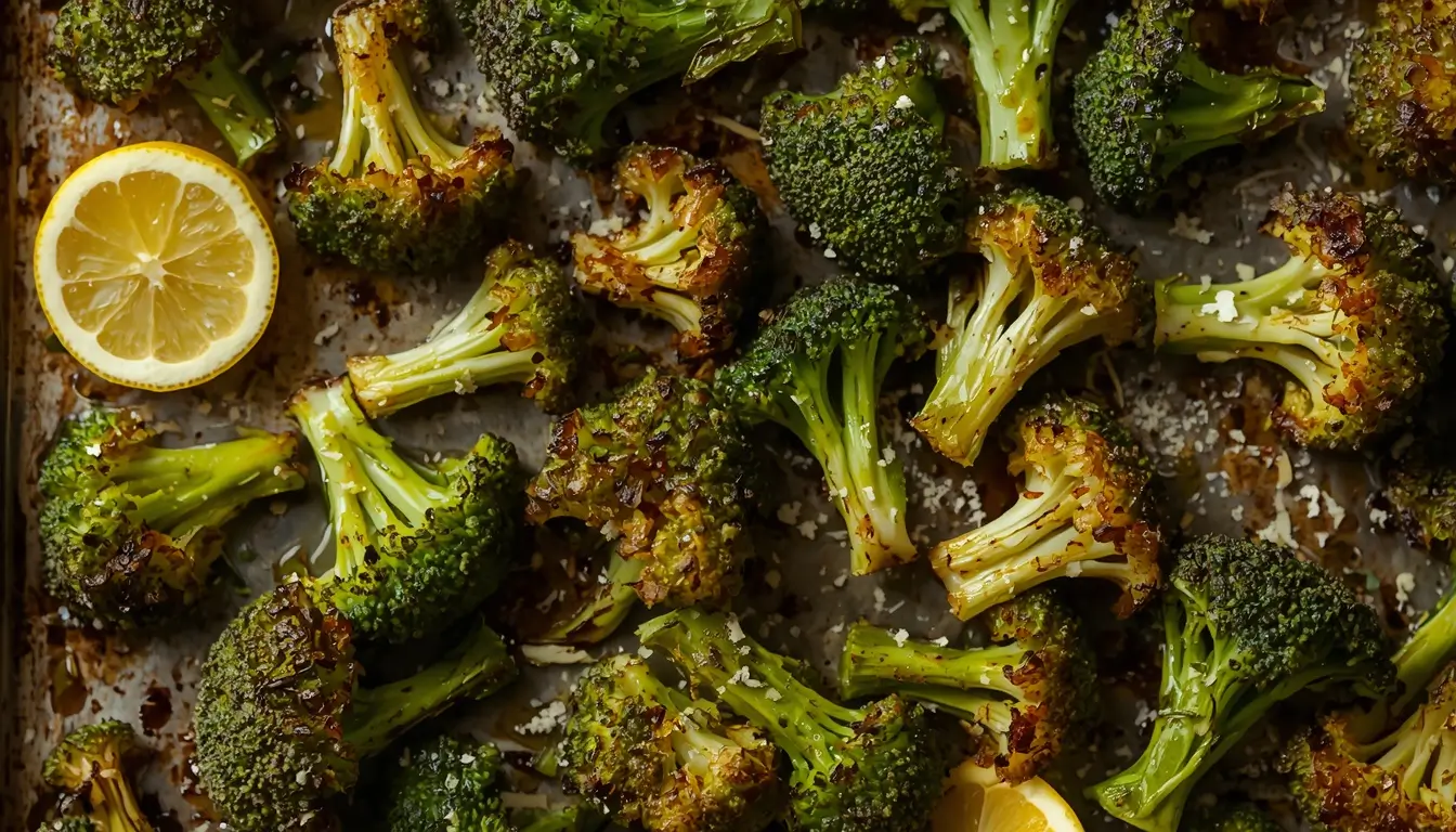 Roasted Broccoli 1 Overhead view of crispy roasted broccoli florets with charred edges on a baking sheet