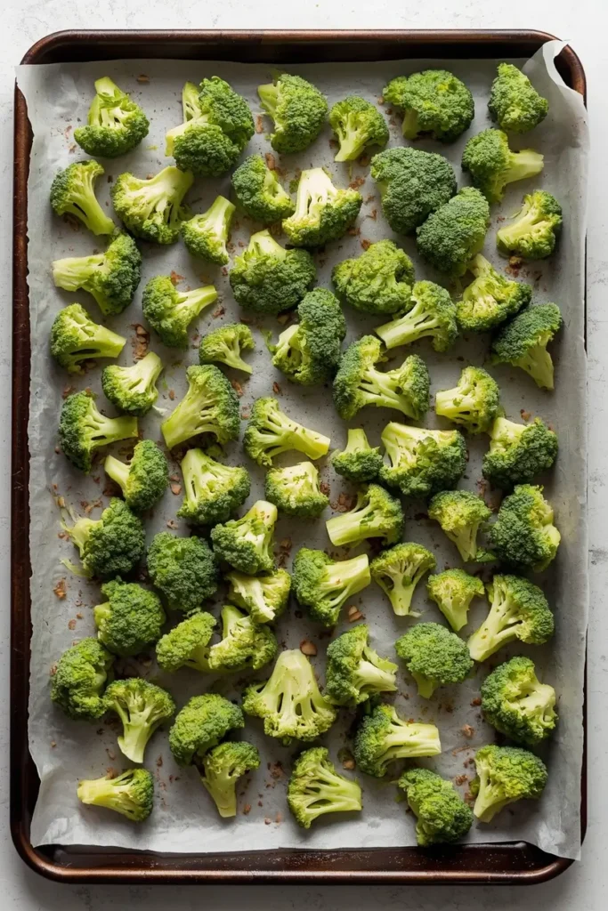 Roasted Broccoli 4 Seasoned broccoli florets arranged cut-side down on a baking sheet before roasting
