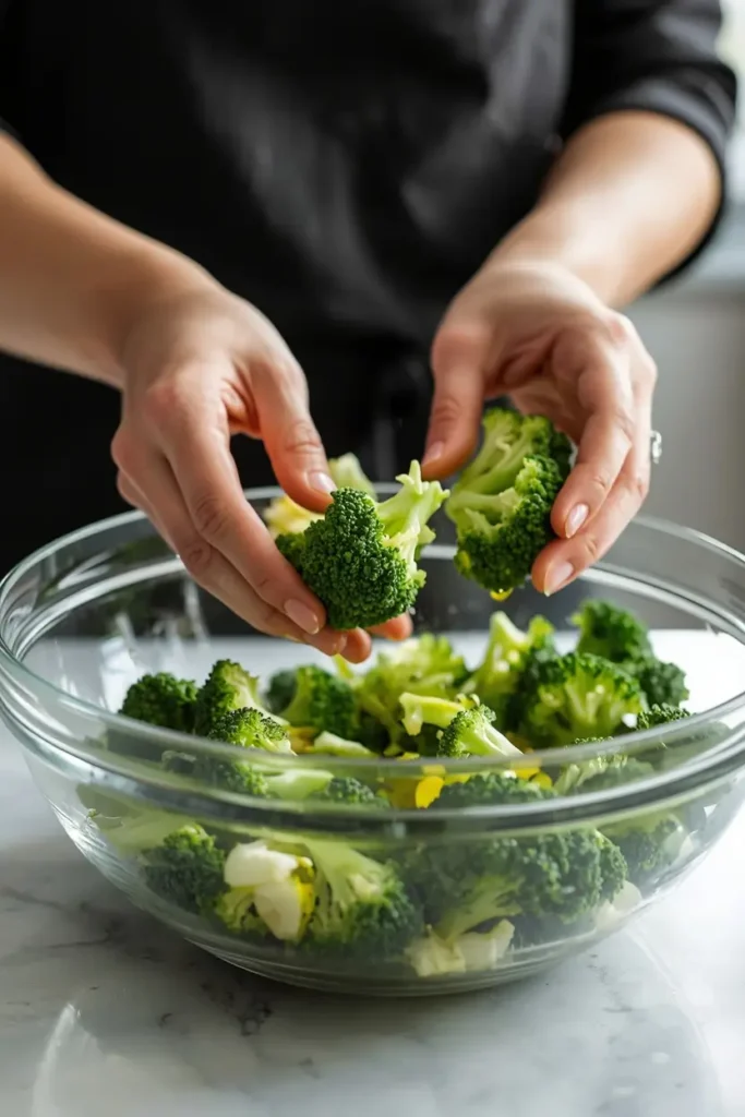 Roasted Broccoli 3 Hands tossing broccoli florets in olive oil and garlic before roasting