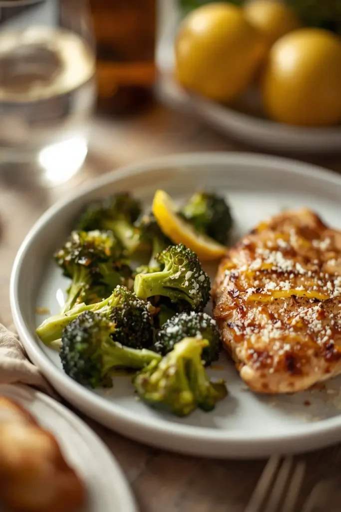Roasted Broccoli 5 Plate of roasted broccoli topped with parmesan and lemon served with grilled chicken