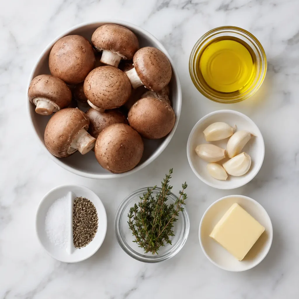Ingredients for roasted mushrooms including cremini mushrooms, garlic, and thyme
