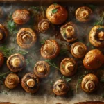 Roasted mushrooms on a baking sheet garnished with fresh parsley and thyme