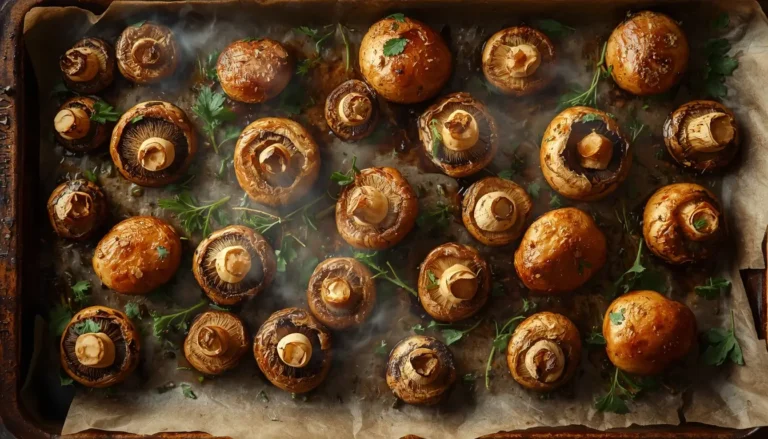 Roasted mushrooms on a baking sheet garnished with fresh parsley and thyme