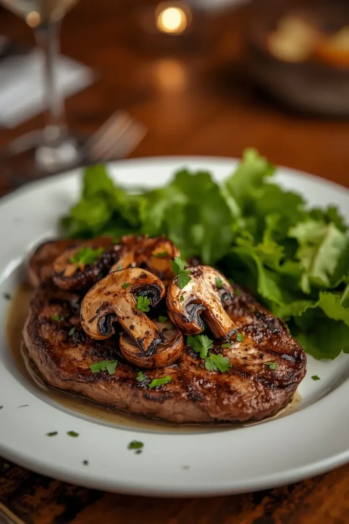 Roasted mushrooms served over grilled steak as a keto dinner