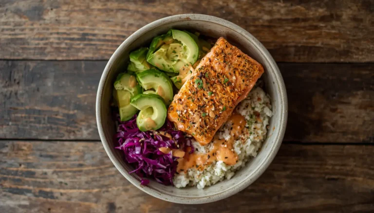 Overhead view of a keto salmon bowl with seared salmon, avocado, and cauliflower rice