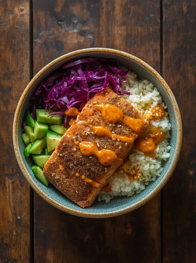 Pinterest-style image of a colorful salmon bowl recipe with salmon, avocado, and vegetables