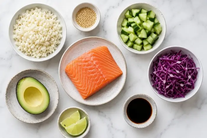 Fresh ingredients for a salmon bowl recipe including salmon, avocado, and cauliflower rice