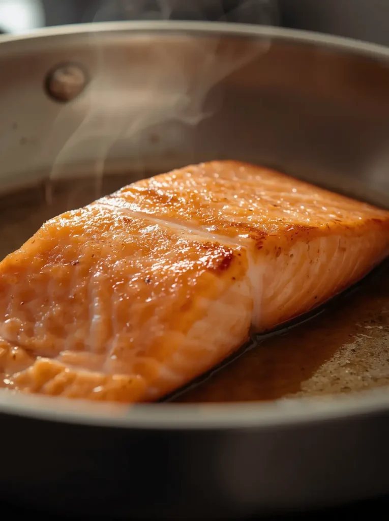 Salmon fillet searing in a skillet with a golden crispy crust for a salmon bowl