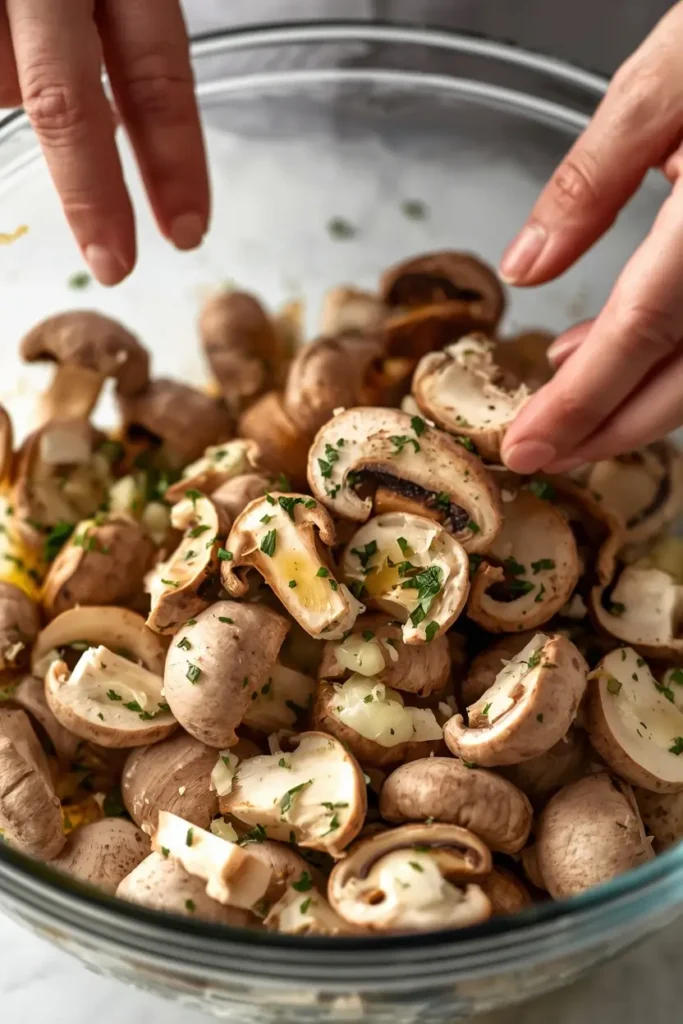 Tossing mushrooms with olive oil and garlic before roasting