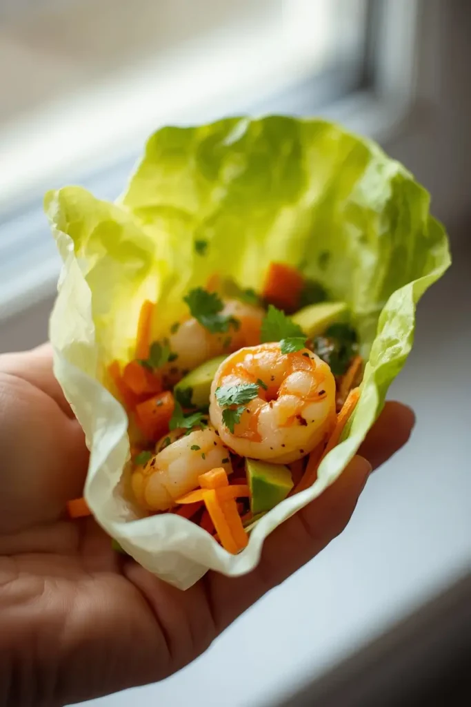 Shrimp Lettuce Wraps 4 Hand assembling a shrimp lettuce wrap with avocado and shredded carrot