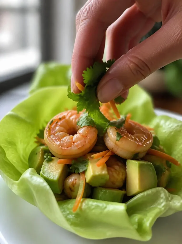 Hand assembling a shrimp lettuce wrap with avocado and shredded carrot