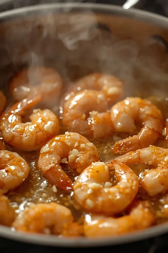 Shrimp Lettuce Wraps 3 Shrimp searing in a skillet with garlic and ginger for shrimp lettuce wraps