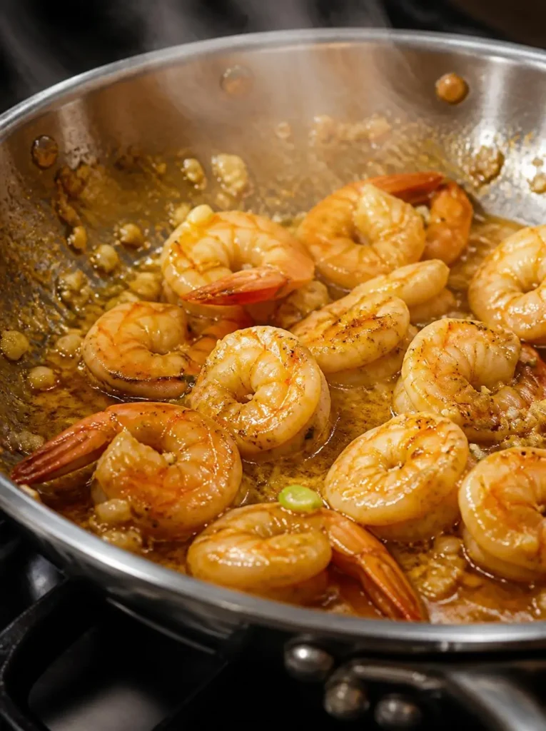 Shrimp searing in a skillet with garlic and ginger for shrimp lettuce wraps