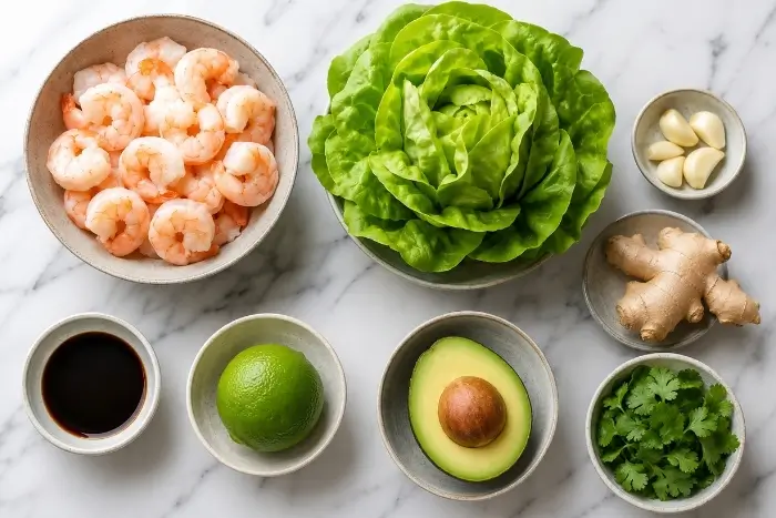Fresh ingredients for shrimp lettuce wraps including shrimp, lettuce, avocado, and lime