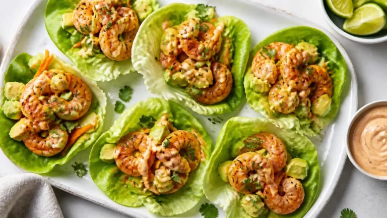 Shrimp lettuce wraps recipe on a white platter with avocado and spicy sauce