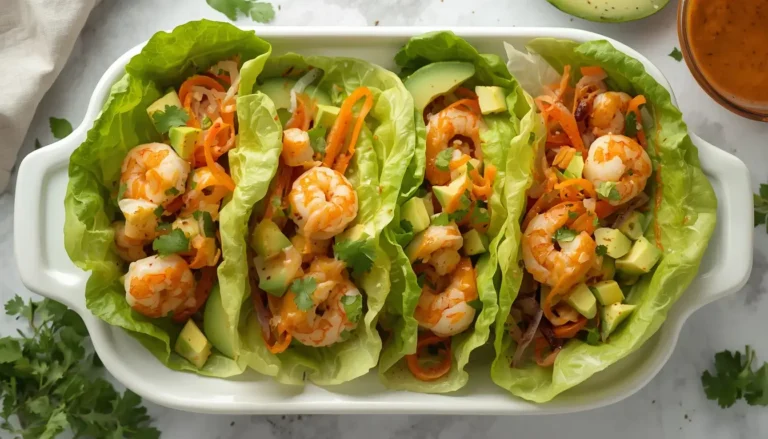 Shrimp lettuce wraps recipe on a white platter with avocado and spicy sauce
