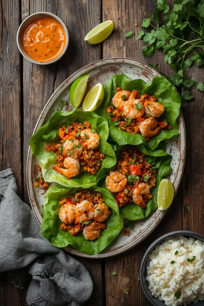 Shrimp Lettuce Wraps 5 Shrimp lettuce wraps served with spicy sauce and cauliflower rice for a keto lunch
