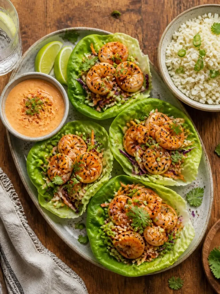 Shrimp lettuce wraps served with spicy sauce and cauliflower rice for a keto lunch