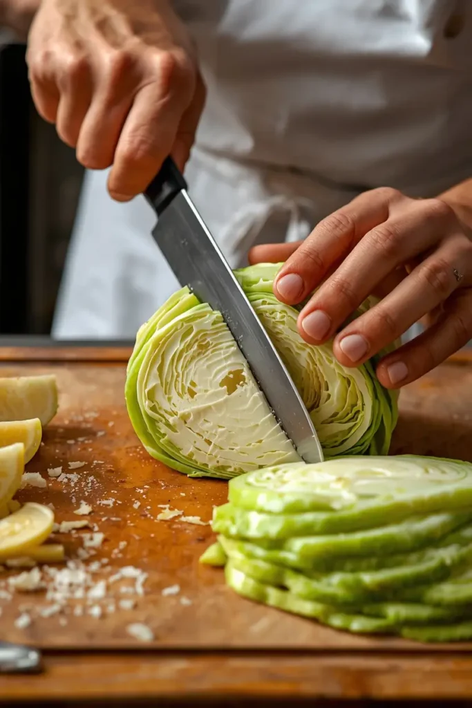 Cabbage Steaks 3 Knife slicing cabbage into thick rounds to make cabbage steaks
